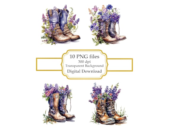 Cowboy Boots with Lavender PNG Clipart Bundle- Digital Download