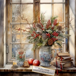 Pacchetto di clipart per decorazioni natalizie per finestre - 10 JPG ad acquerello di alta qualità - Vacanze invernali, journaling, forniture per album, download digitale