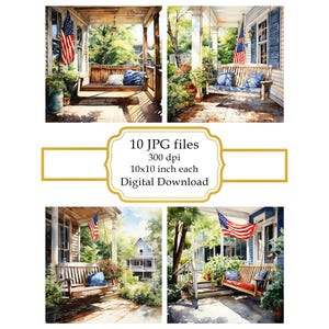 American Porch with Flag and Swinging Bench JPG Clipart Bundle- Digital Download
