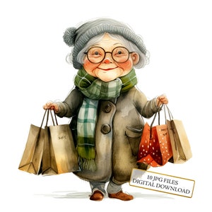 Lieve oma met boodschappentassen clipartbundel-10 hoge kwaliteit aquarel jpg's-craft, journaling, scrapbookingateliers, digitale download