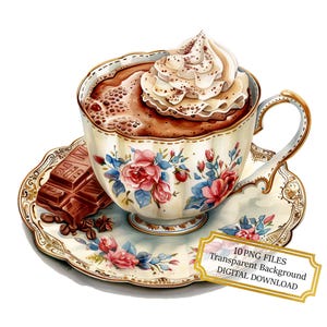 Pacchetto di clipart vintage con tazza di cioccolata calda - 10 immagini PNG acquerellate di alta qualità - Arte da cucina, journaling, album, download digitale