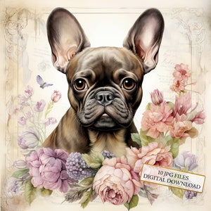 Pacote de clipart de buldogue francês chique e surrado com flores - 10 JPGs de aquarela de alta qualidade - Diário, material para scrapbook, download digital