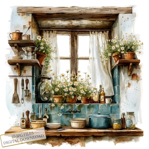 Rustiek huisje keukenraam met madeliefjes clipartbundel-10 hoge kwaliteit aquarel JPGs-Craft, journaling, scrapbook, digitale download