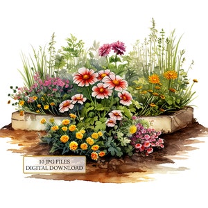 Floral Garten Bett Clipart Bundle - 10 hochwertige Aquarell JPGs - Basteln, Journaling, Scrapbook Versorgung, digitaler Download
