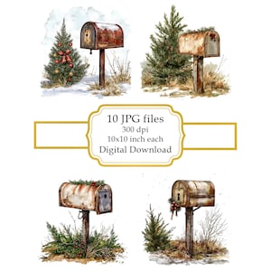 Paquete de imágenes prediseñadas de un antiguo buzón oxidado con decoración navideña (descarga digital)