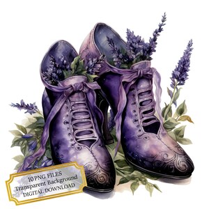 Paquete de imágenes prediseñadas PNG de zapatos morados y lavanda de bruja - Descarga digital