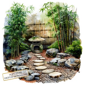 Pacote de clipart de canto de jardim zen - 10 JPGs de aquarela de alta qualidade - artesanato, diário de lixo, suprimentos para scrapbook, download digital
