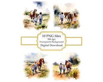 Little Boy and Girl with a Horse in a Field PNG Clipart Bundle- Digital Download