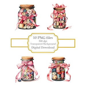 Vintage burk med syknappar PNG Clipart-paket - digital nedladdning