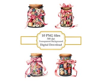 Vintage Jar of Sewing Buttons PNG Clipart Bundle- Digital Download