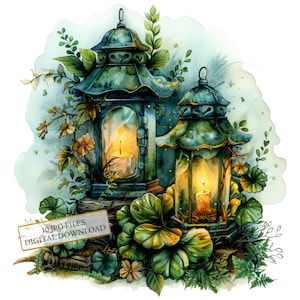 Magical Forest Lanterns Clipart Bundle- 10 High Quality Watercolor JPGs- Fantasy, Crafting, Journaling, Scrapbook Supply, Digital Download