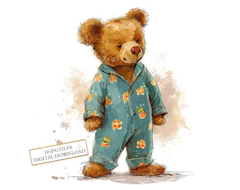 Teddy Bear in Blue Baby's Pajama Clipart Bundle- 10 High Quality Watercolor JPGs- Nursery, Journaling, Scrapbook Supply, Digital Download