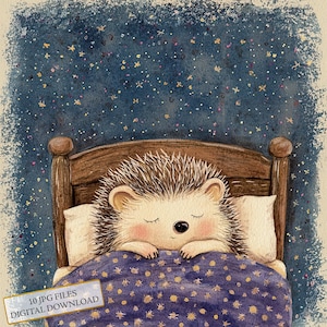 Pacote de clipart de ouriço fofo dormindo em uma cama aconchegante - 10 JPGs de aquarela de alta qualidade - Animal fofo, diário, scrapbooking, download digital