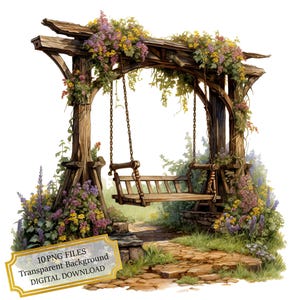 Floral Overgrown Wooden Swing PNG Clipart Bundle- Digital Download