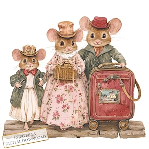 Paquete de imágenes prediseñadas de una familia de ratones victorianos viajando: 10 archivos JPG de acuarela de alta calidad. Material para manualidades, diarios, álbumes de recortes y descarga digital.