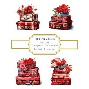 Pila de maletas vintage rojas con rosas (imágenes prediseñadas) - Descarga digital