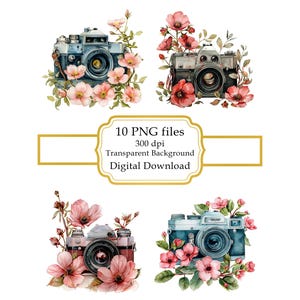 Retro Camera with Pink Flowers PNG Clipart Bundle- Digital Download
