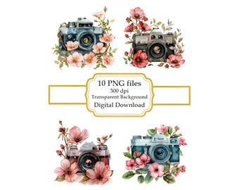 Retro Camera with Pink Flowers PNG Clipart Bundle- Digital Download