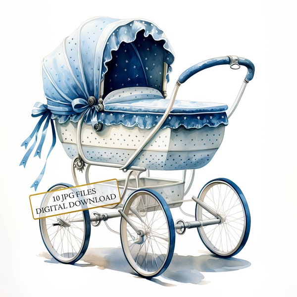 Vintage Blue Baby Stroller Clipart Bundle- 10 High Quality Watercolor JPGs- Nursery Art, Craft, Journaling, Scrapbooking, Digital Download