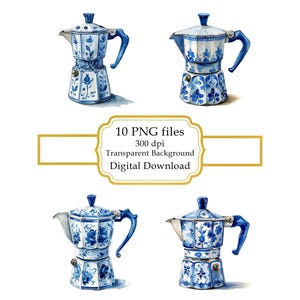 Zestaw clipartów Vintage Ceramic Blue White Moka Pot w formacie PNG – do pobrania w wersji cyfrowej