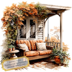 Pacote de clipart aconchegante para varanda de outono - 10 PNGs de aquarela de alta qualidade - Arte sazonal, diário, álbum de recortes, download digital