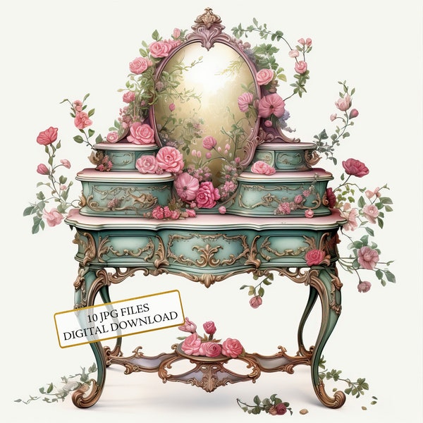 Vintage Rococo Vanity Table Clipart Bundle- 10 High Quality Watercolor JPGs- Crafting, Junk Journaling, Scrapbook, Digital Download