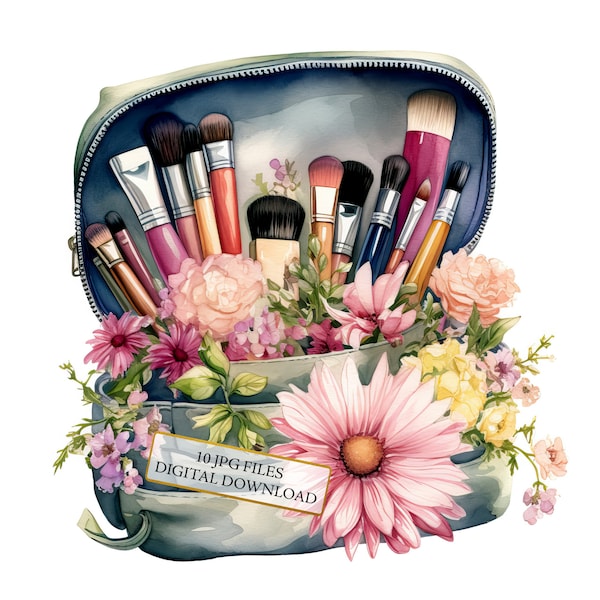 Floral Makeup Bag Clipart Bundle- 10 High Quality Watercolor JPGs- Crafting, Journaling, Scrapbooking, Digital Download