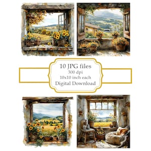 Potted Flowers in a Window by a Countryside Scenery JPG Clipart Bundle- Digital Download