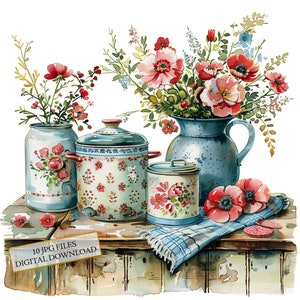 Floral Vintage Bauernhaus Küche Kochgeschirr Clipart Bundle - 10 hochwertige Aquarell JPGs - Handwerk, Journaling, Scrapbooking, digitaler Download