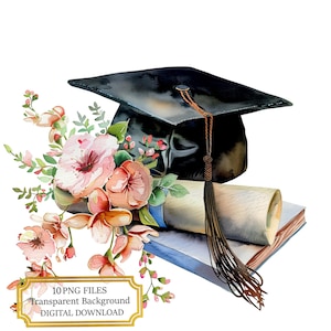 Paquete de imágenes prediseñadas de birrete de graduación floral con diploma: 10 PNG de acuarela de alta calidad. Material para manualidades, diarios, álbumes de recortes y descarga digital.