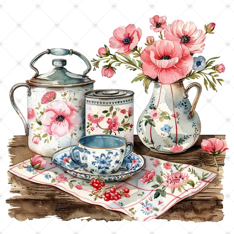 vintage floral kitchen scene clipart set graphic by... Floral Vintage Farmhouse Kitchen Cookware PNG Clipart Bundle- Digital ...