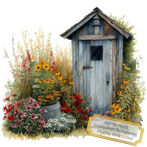 Rustiek bijgebouw met bloemen clipartbundel-10 hoge kwaliteit aquarel pngs-tuinkunst, ambacht, journaling, scrapbooking, digitale download