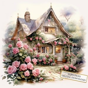 Little White Cottage with Pink Roses JPG Clipart Bundle- Digital Download
