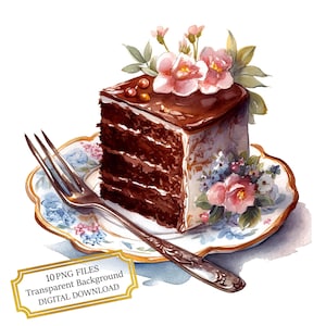 チョコレートケーキスライスのクリップアートバンドル - 10種類の高品質水彩PNG - デザート、フードアート、ジャンクジャーナル、スクラップブック、デジタルダウンロード