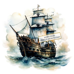 Veliero sul mare Clipart Bundle- 10 JPG ad acquerello di alta qualità- Artigianato, diario, forniture per album, download digitale
