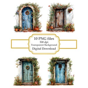 Old Wooden Front Door with Flowers PNG Clipart Bundle- Digital Download