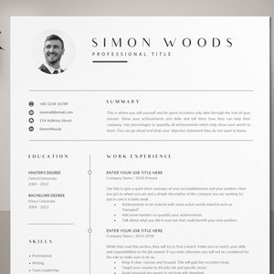 May include: A black and white resume template with a professional headshot, contact information, education, work experience, and skills sections. The resume is designed for a job seeker to showcase their qualifications and experience.