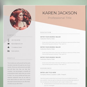 May include: A resume template with a pink and white background. The template includes sections for contact information, profile, education, and experience. The template also includes a placeholder image of a woman.