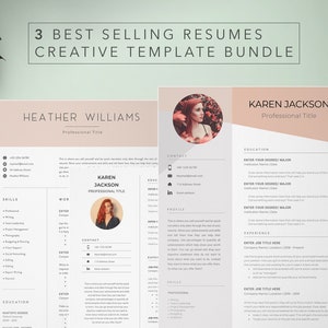 May include: A pink and white resume template with a photo of a woman. The template includes sections for skills, education, work experience, and contact information. The text "3 Best Selling Resumes Creative Template Bundle" is at the top of the image.