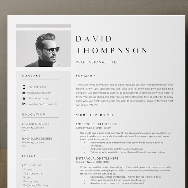 Modern Men Resume Template 2 Pages, CV Template, Cover Letter, Instant Digital Download, Resume Template Word With Photo, Digital CV