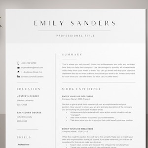 May include: A resume template in black and white. The template includes sections for contact information, summary, education, work experience, and skills. The text "EMILY SANDERS" is at the top of the page.