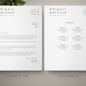 May include: A cover letter and a reference page for Abigail Oakwood. The cover letter is addressed to Michael Cooper and includes a handwritten signature. The reference page lists the names, job titles, company names, email addresses, and phone numbers of five references.