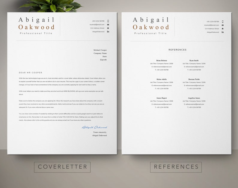 May include: A cover letter and a reference page for Abigail Oakwood. The cover letter is addressed to Michael Cooper and includes a handwritten signature. The reference page lists the names, job titles, company names, email addresses, and phone numbers of five references.