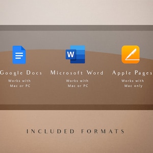 May include: A graphic showing the compatibility of Google Docs, Microsoft Word, and Apple Pages. Google Docs works with Mac or PC. Microsoft Word works with Mac or PC. Apple Pages works with Mac only. The text "INCLUDED FORMATS" is below the graphic.