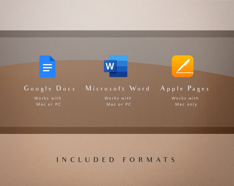 May include: A graphic showing the compatibility of Google Docs, Microsoft Word, and Apple Pages. Google Docs works with Mac or PC. Microsoft Word works with Mac or PC. Apple Pages works with Mac only. The text "INCLUDED FORMATS" is below the graphic.