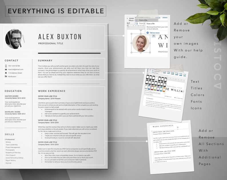 May include: A customizable resume template with a black and white color scheme. The template includes sections for contact information, summary, education, work experience, and skills. The text "EVERYTHING IS EDITABLE" is at the top of the page. The template is designed to be easily edited and personalized.