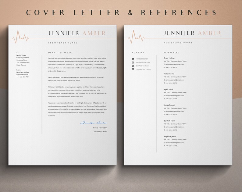May include: A cover letter and references template for a registered nurse. The cover letter is addressed to "Miss Issac" and includes a signature. The references section lists contact information for several individuals.