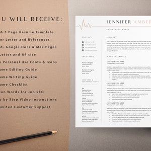 May include: A resume template for registered nurses with a modern design. The template includes sections for contact information, summary, education, work experience, licenses and certifications. The text "YOU WILL RECEIVE" is listed on the left side of the image, followed by a list of items included in the template.