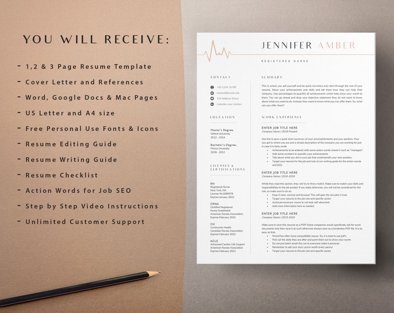 May include: A resume template for registered nurses with a modern design. The template includes sections for contact information, summary, education, work experience, licenses and certifications. The text "YOU WILL RECEIVE" is listed on the left side of the image, followed by a list of items included in the template.