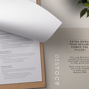 May include: A resume template with the text "EXTRA BONUS YOUR RESUME COMES PRE FILLED!" and "Your new Resume is already filled out with meaningful information to help guide you. With a few extra tips and tricks needed to make your Resume POP!"